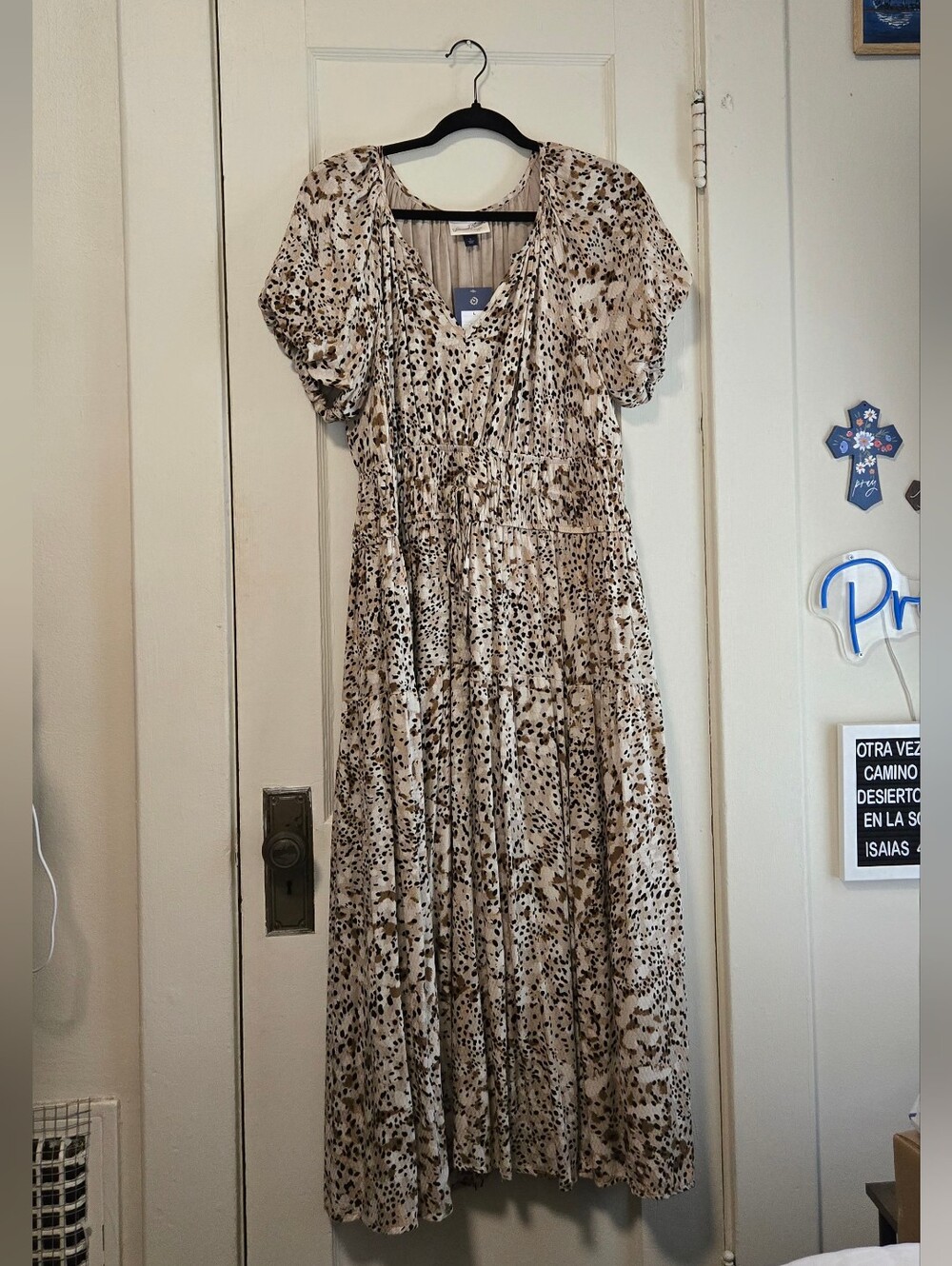Universal Thread Cream Printed Tiered Maxi Dress with Brown Spots